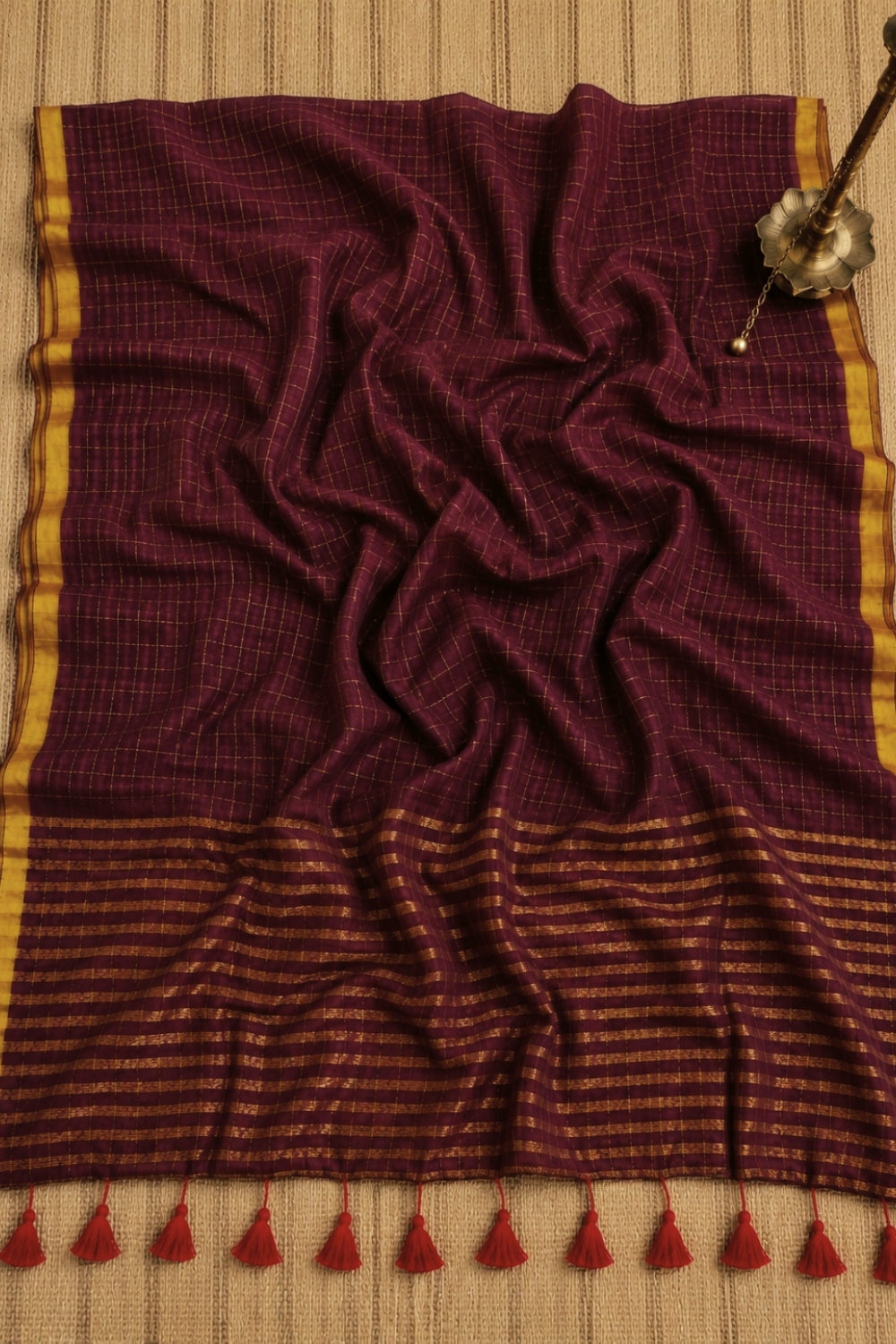 Deep Maroon Checked Mul Mul Cotton Saree with Zari Border & Tassel Pallu