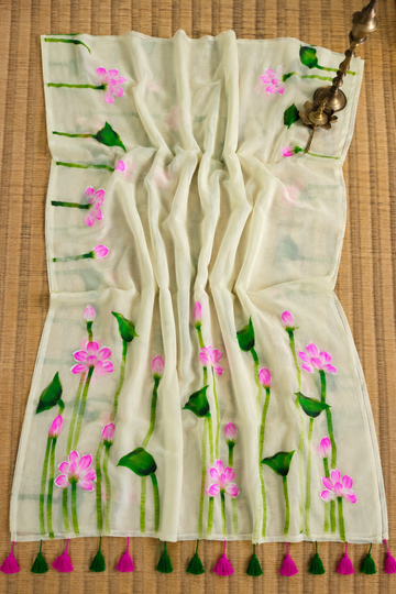 Hand-Painted Lotus Mul Mul Cotton Saree