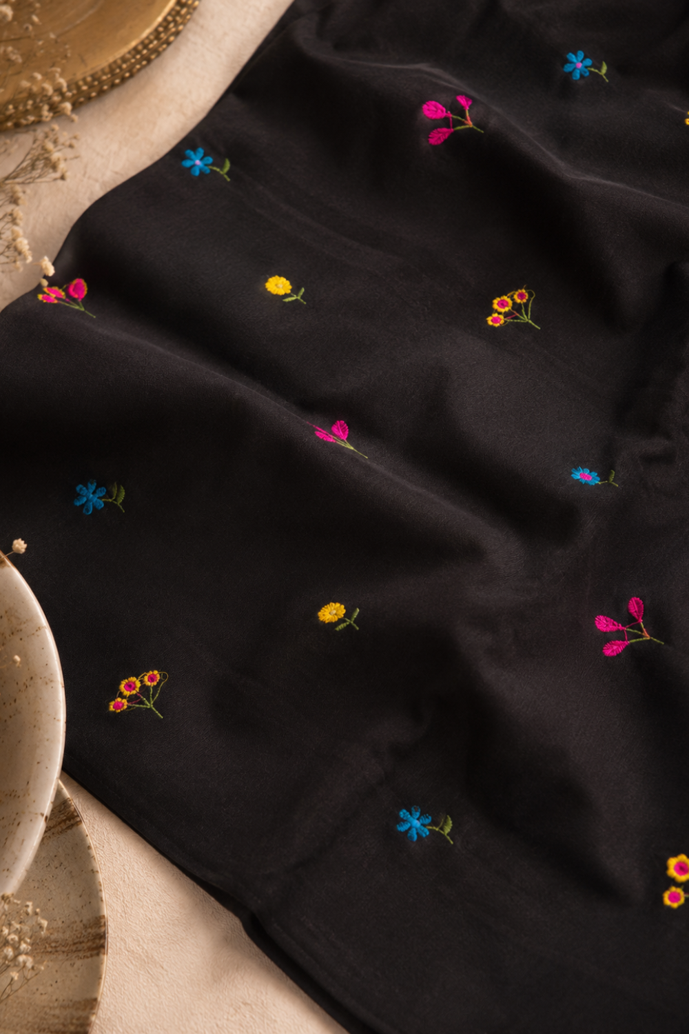 Black Linen Cotton Saree with Multicolour Floral Embroidery