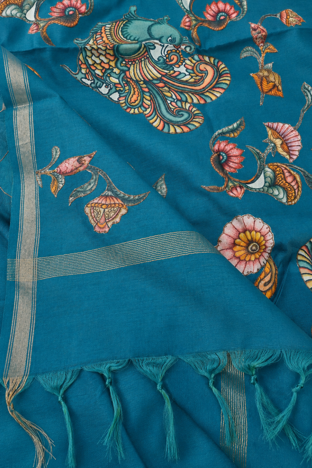 Teal Blue Linen Chanderi Saree with Floral & Peacock Print