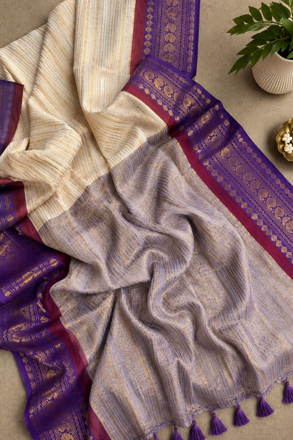Off White 120 Count Mul Mul Cotton Saree with Violet Zari Border & Golden Stripes