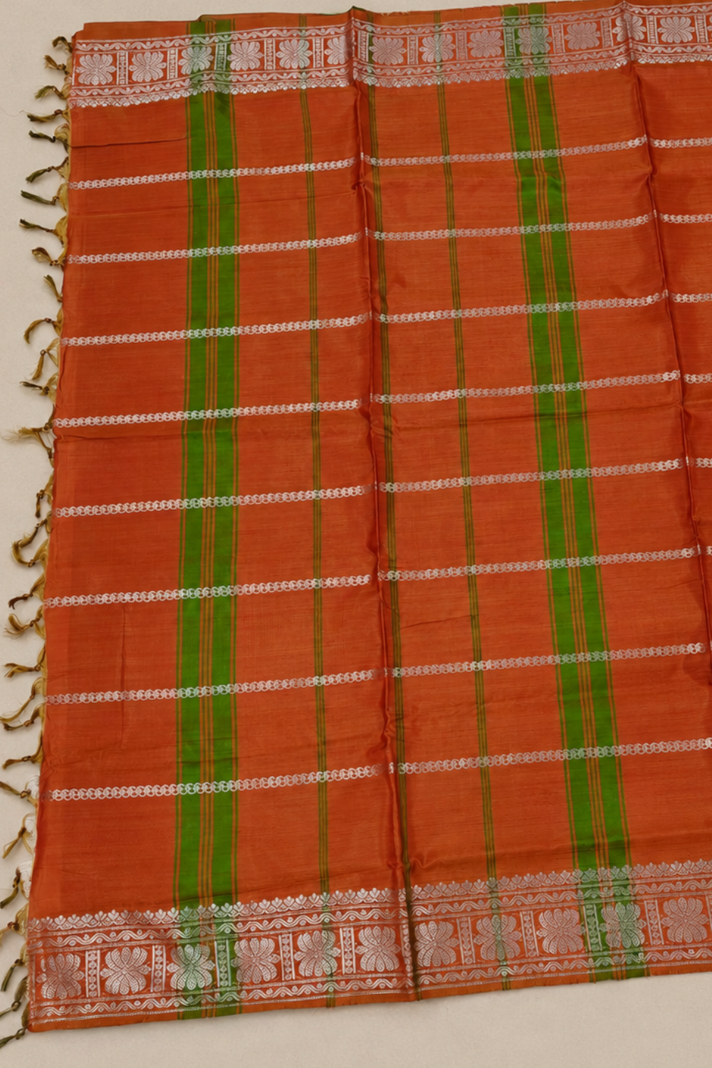 Olive Green & Rust Orange Vegan Silk Saree with Silver Zari Floral Border