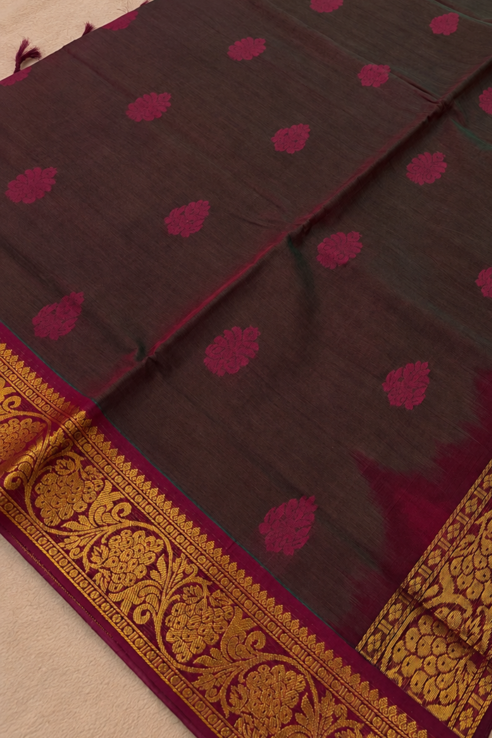 Deep Wine & Magenta Floral Chettinad Cotton Saree with Antique Gold Border