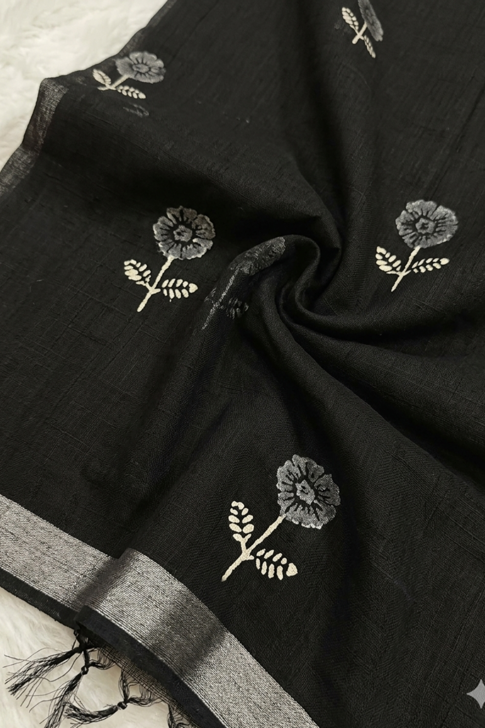 Black Hand Block Print Linen Saree with Silver Woven Border