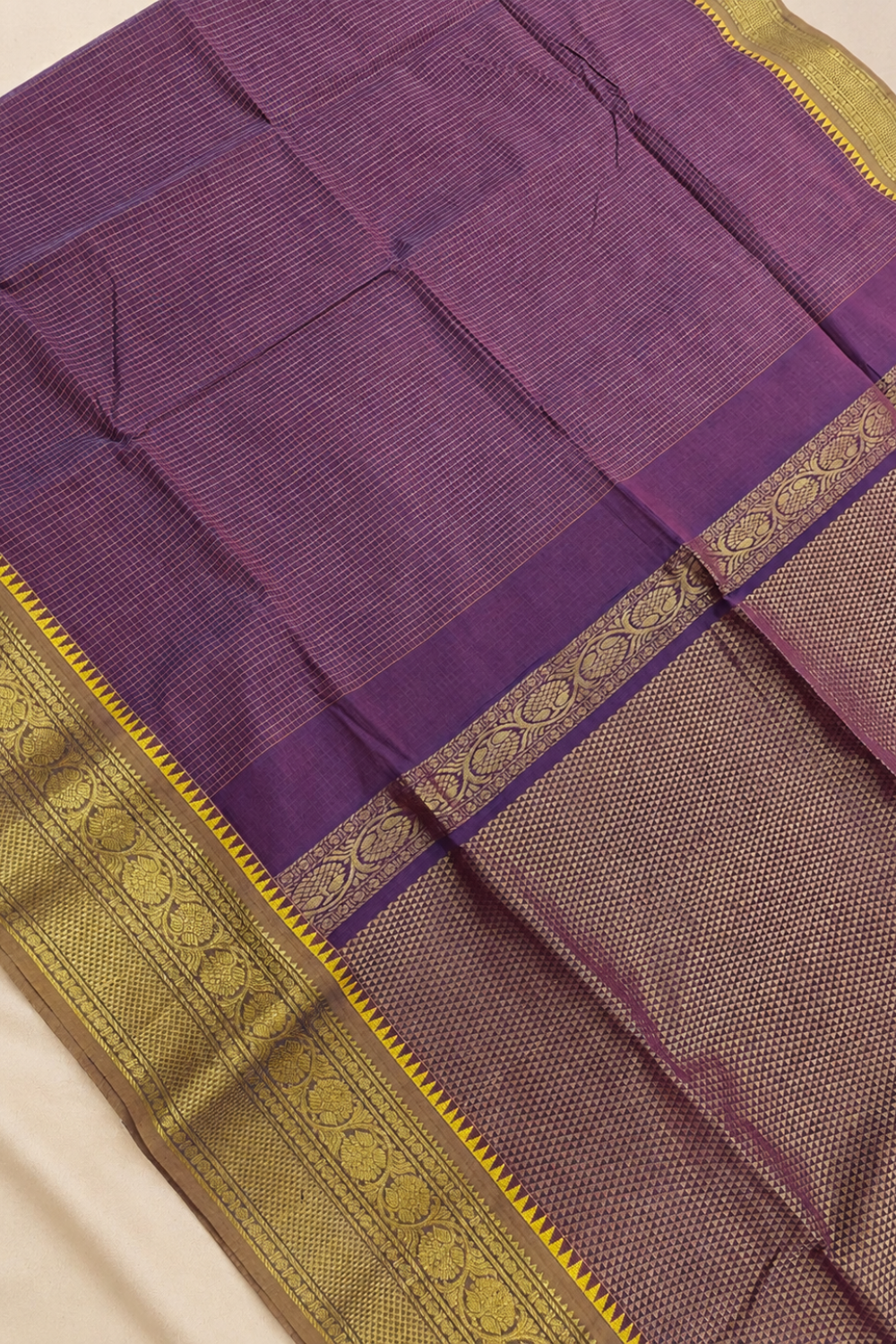 Royal Purple Chettinad Cotton Saree with Rich Gold Zari Border
