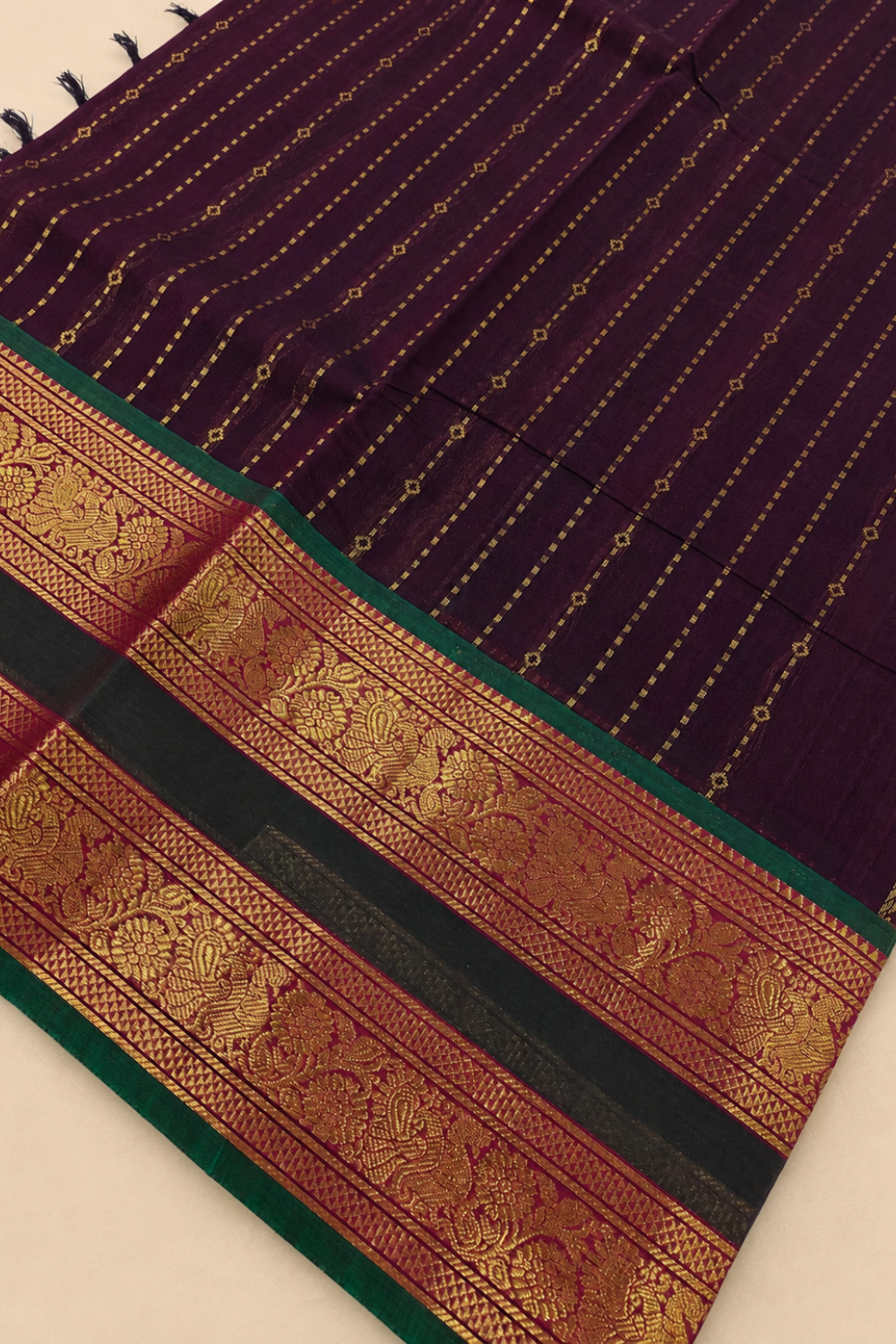 Deep Wine Chettinad Cotton Saree with Traditional Zari Border