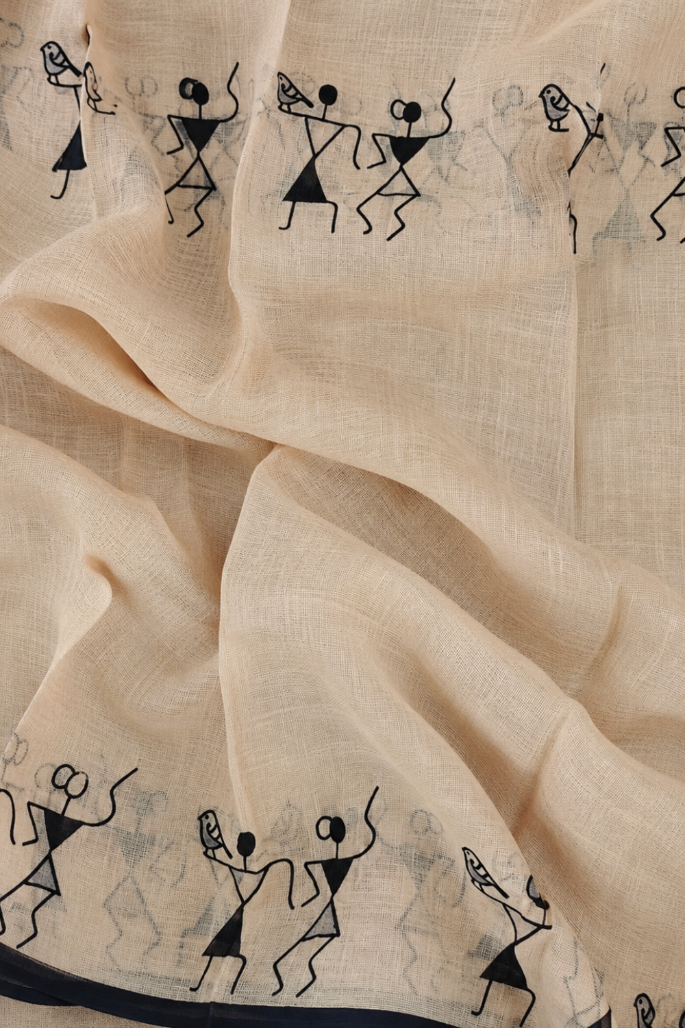 Beige Warli Print Linen Blend Saree with Black Border
