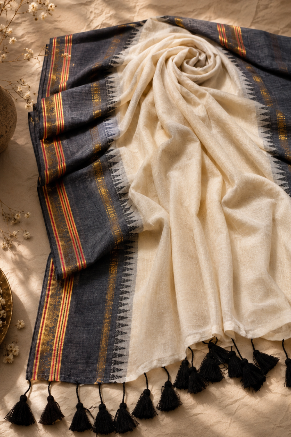Off White Mul Mul Cotton Saree with Grey Temple Border
