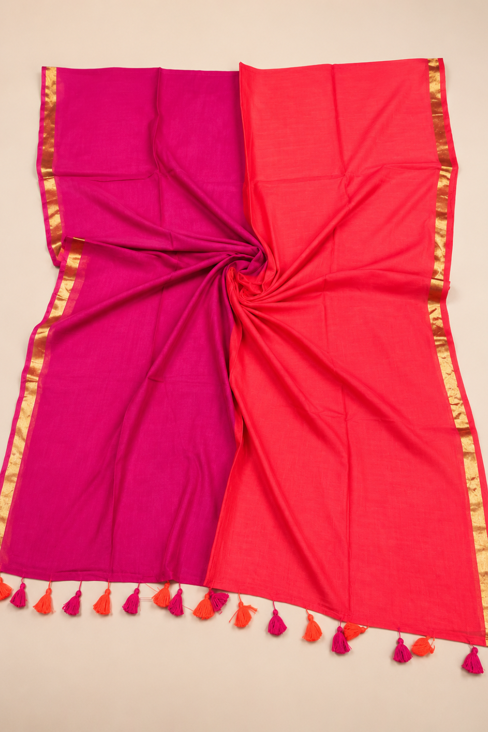 Coral Pink & Fuchsia Mul Mul Cotton Saree with Zari Border & Tassel Pallu
