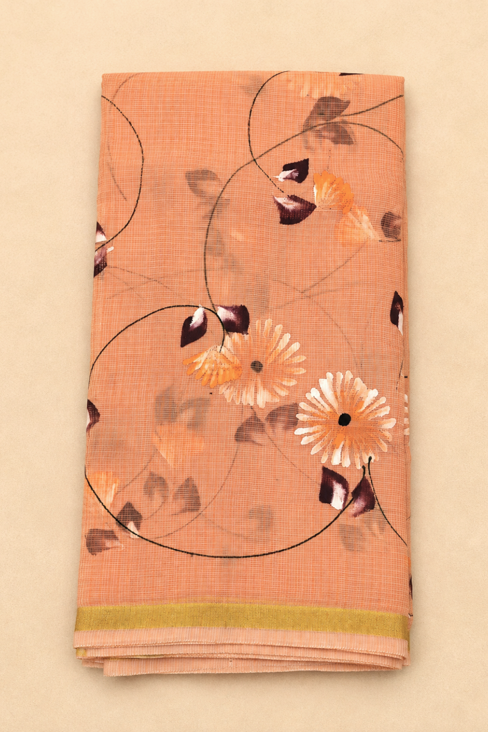 Peach Orange Hand-Painted Kota Saree with Floral Artwork & Golden Border