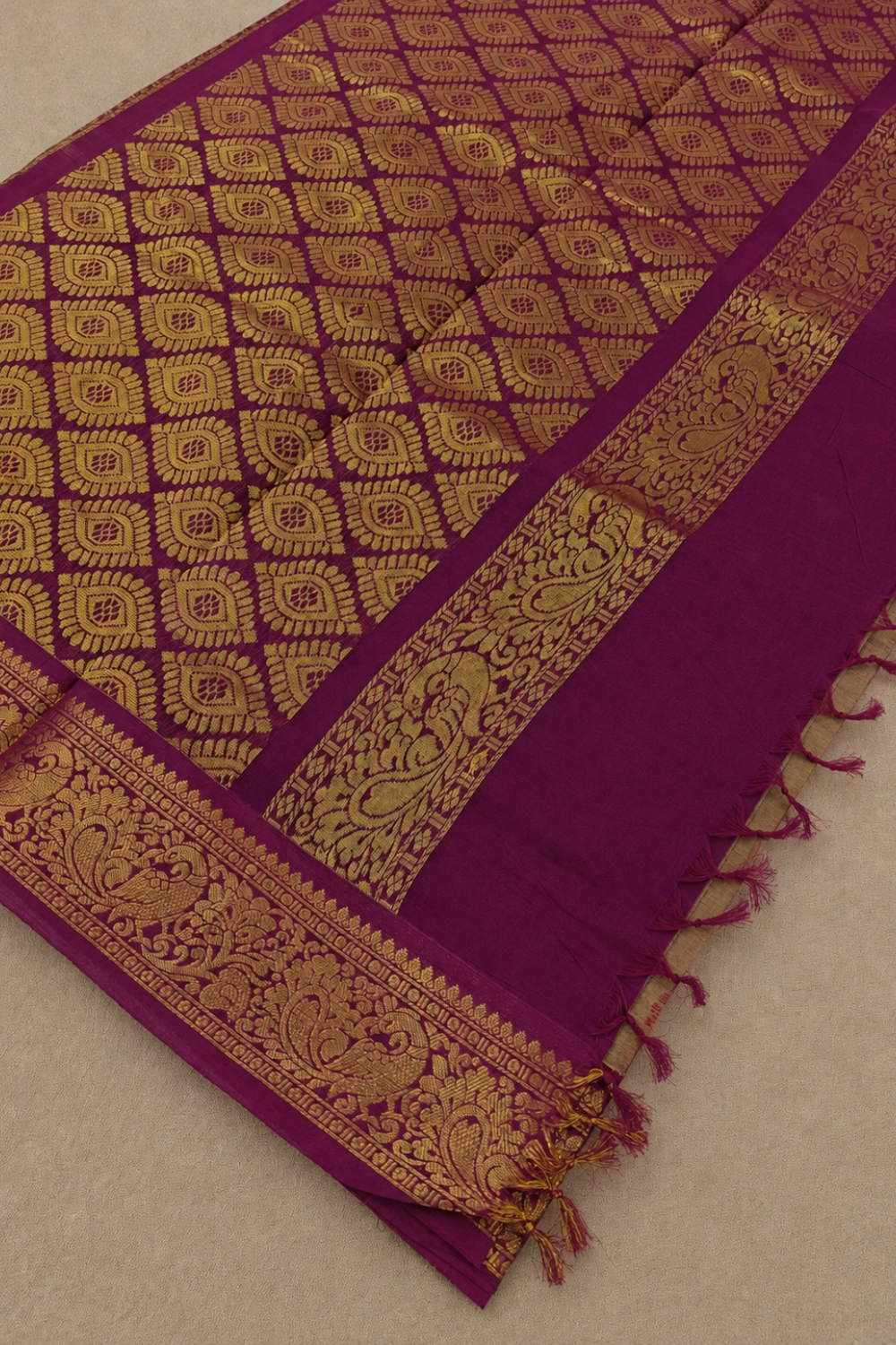 Taupe Beige Chettinad Cotton Saree with Magenta & Antique Gold Border