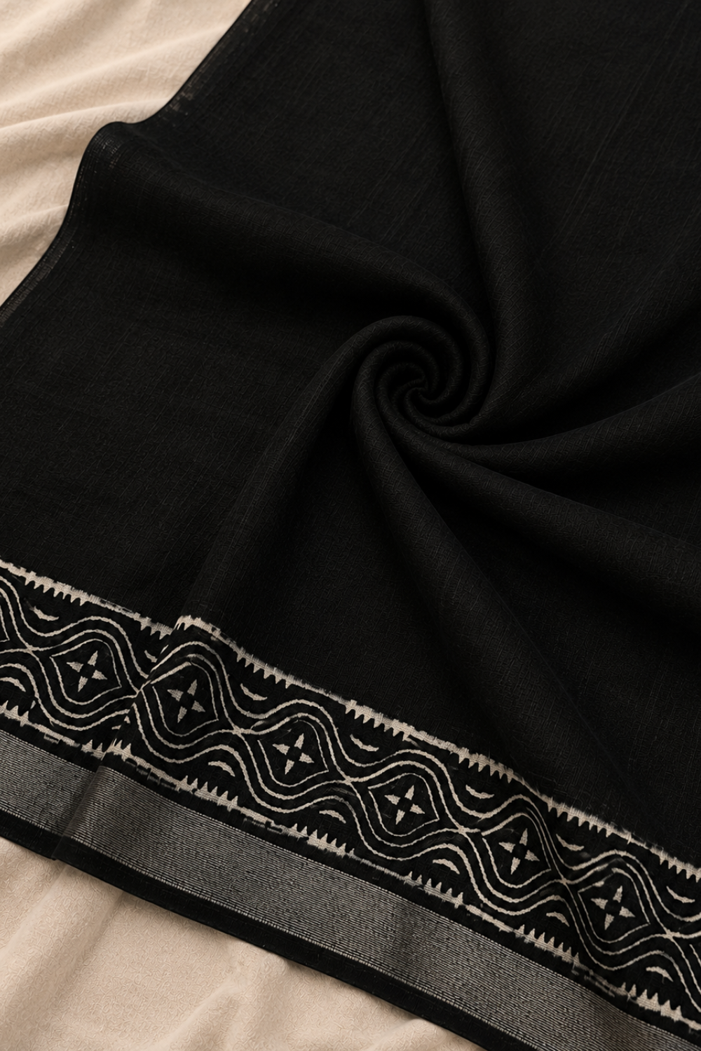 Black Hand Block Print Linen Saree with Woven Geometric Border