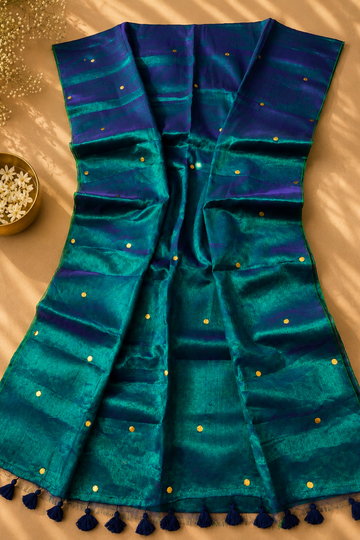 Peacock Blue Linen Tissue Saree with Gold Butta