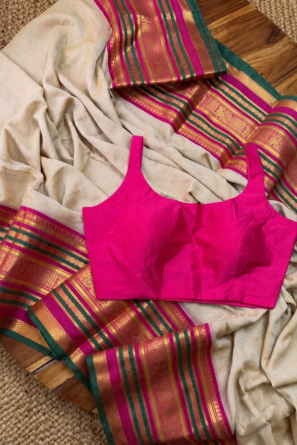 Off White 120 Count Mul Mul Cotton Saree with Pink & Green Zari Border