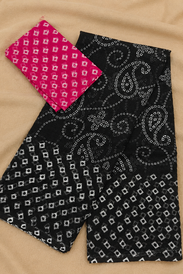 Black Kota Saree with White Bandhani-Inspired Print & Contrast Pink Blouse
