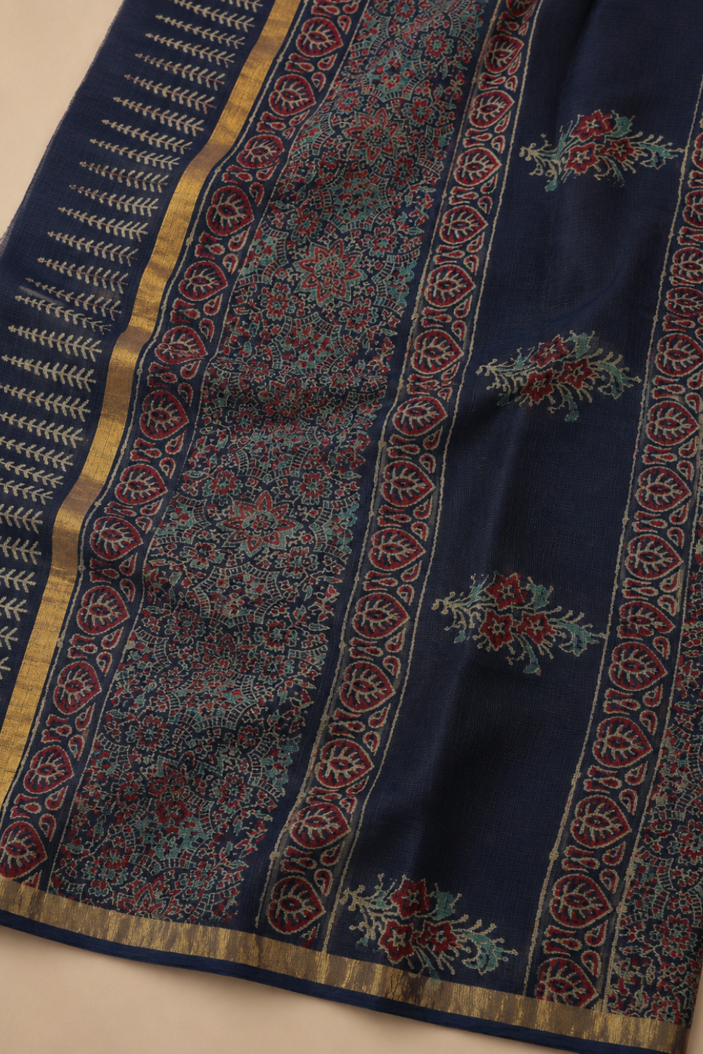 Navy Blue Hand Block Print Kota Doria Saree with Ajrakh Pallu