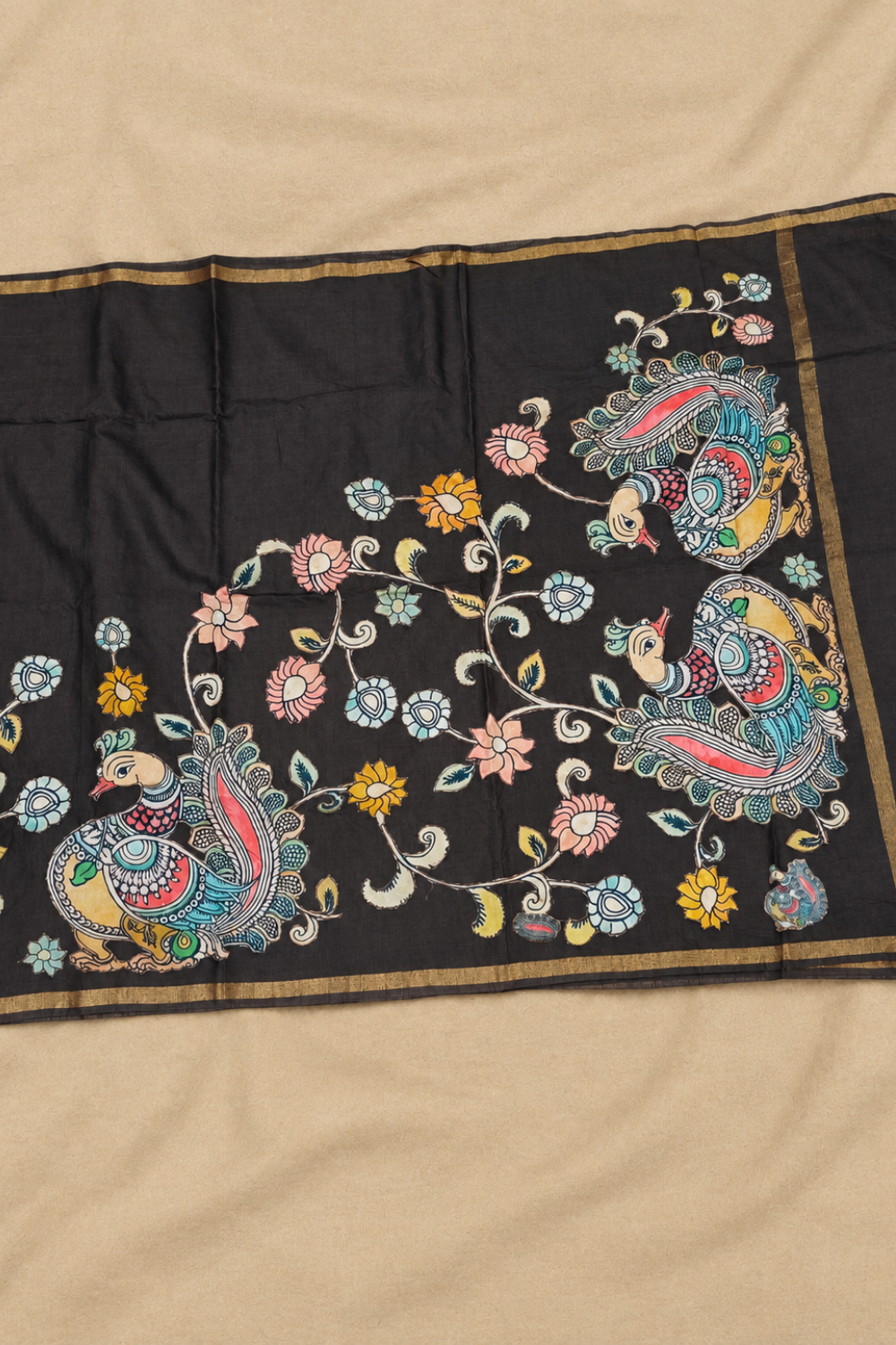 Grey Linen Saree with Multicolour Appliqué Peacock & Floral Work