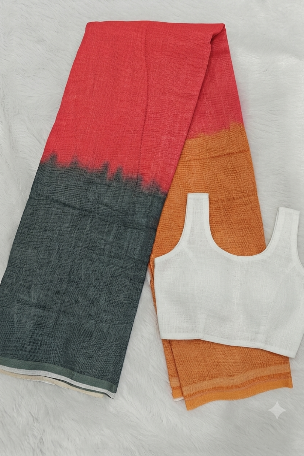 Tricolour Ombre Linen Blend Saree – Grey, Red & Mustard
