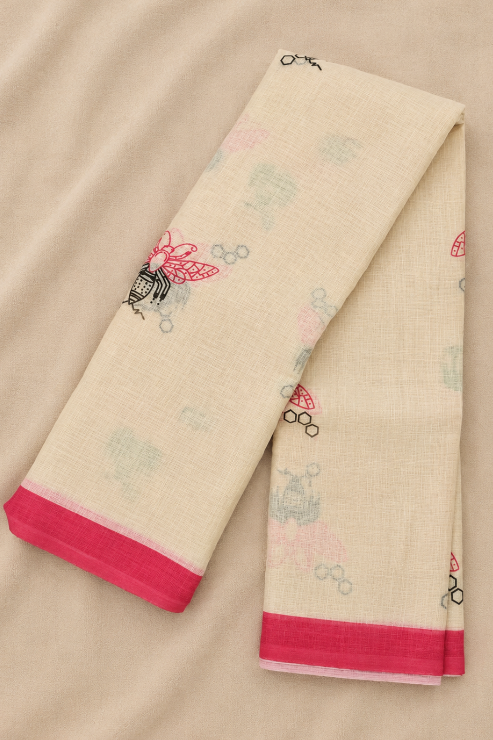 Ivory Linen Blend Saree with Pink Butterfly Print & Contrast Pink Border