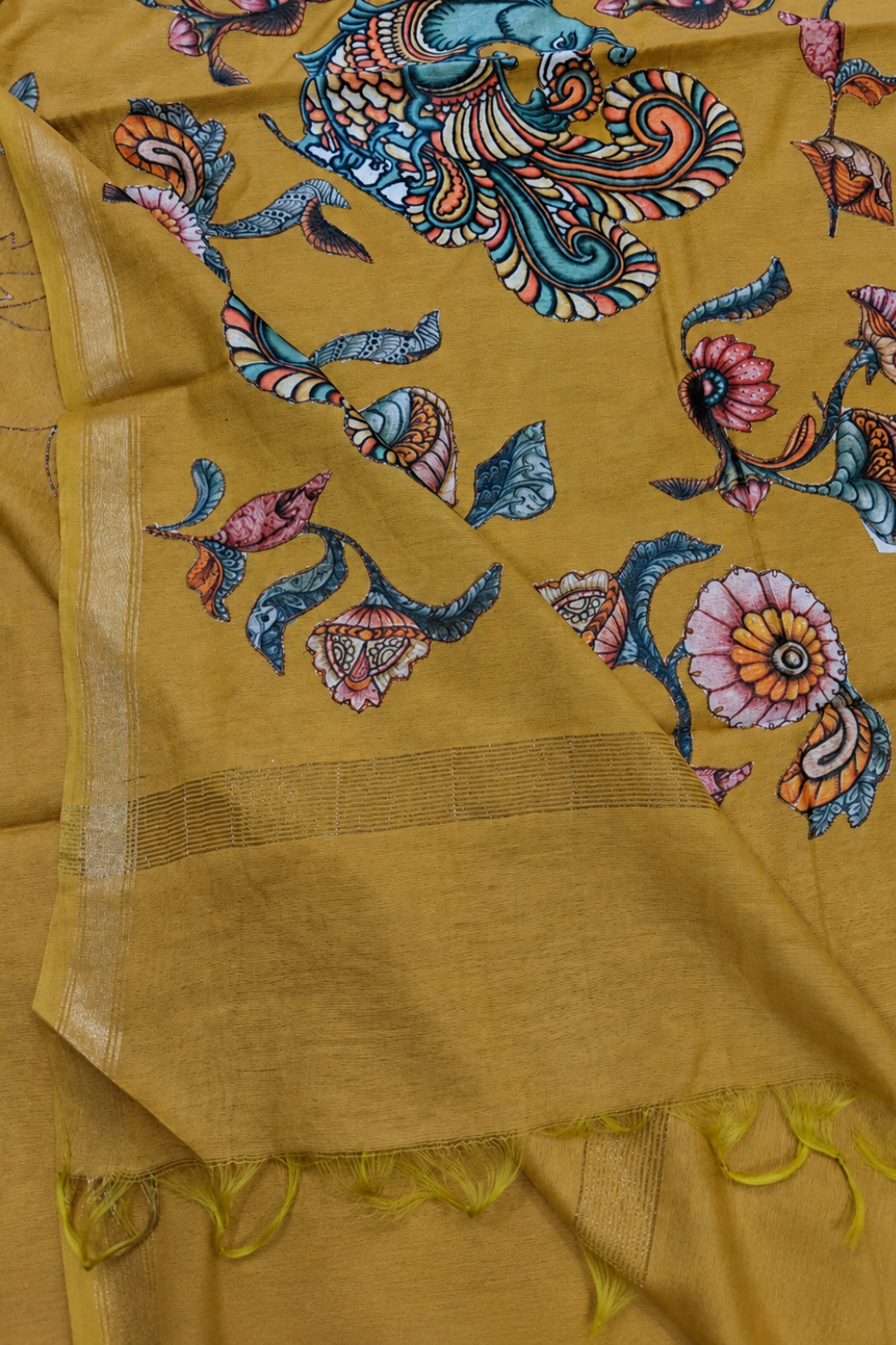 Mustard Yellow Linen Chanderi Saree with Floral & Peacock Print