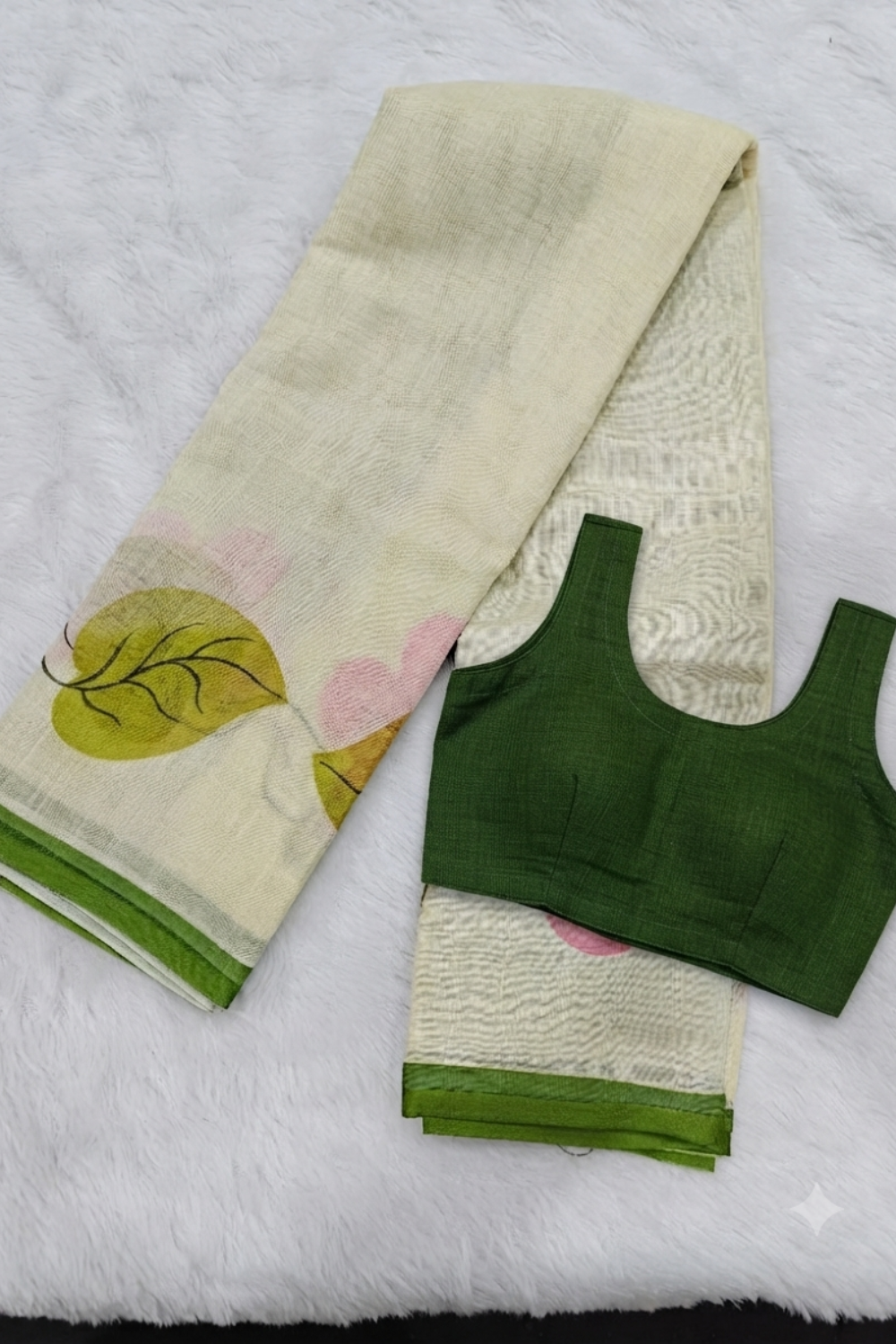 Ivory Floral Linen Blend Saree with Green Border