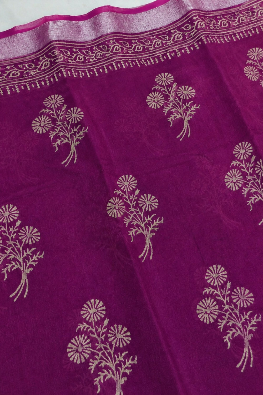 Wine Magenta Linen Saree with Traditional Block Print