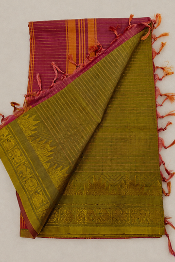 Honey Mustard Gold & Dark Rust Orange Vegan Silk Saree with Traditional Zari Border