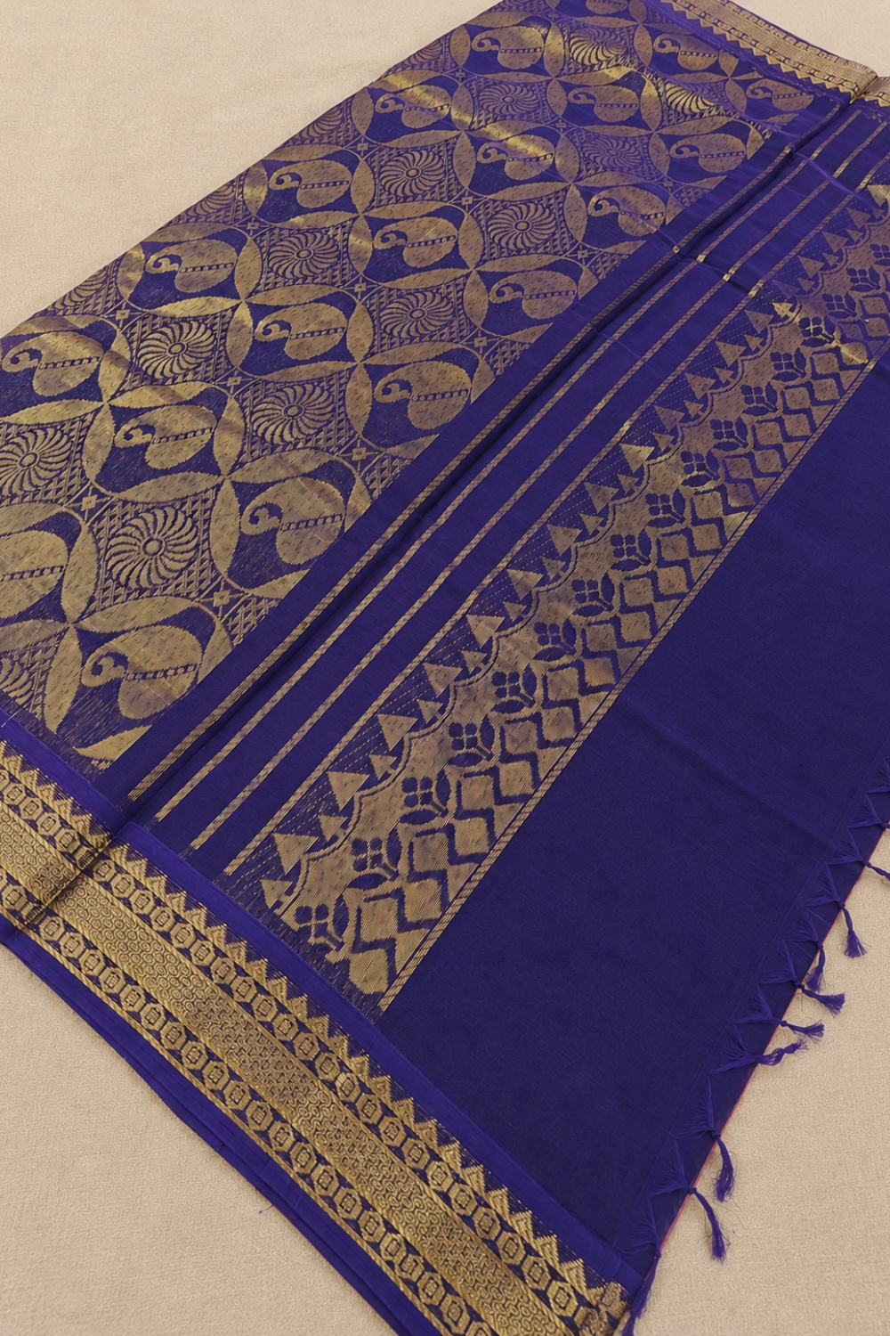 Blush Pink & Violet Chettinad Cotton Saree with Traditional Gold Zari Border