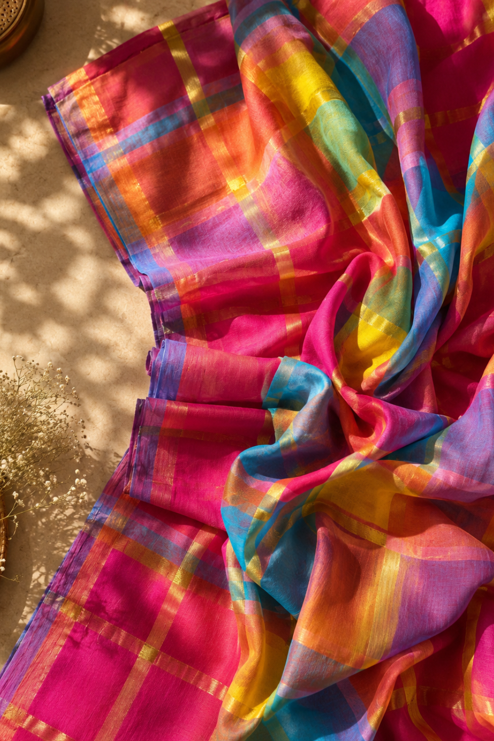 Multicolour Checked Mul Mul Cotton Saree