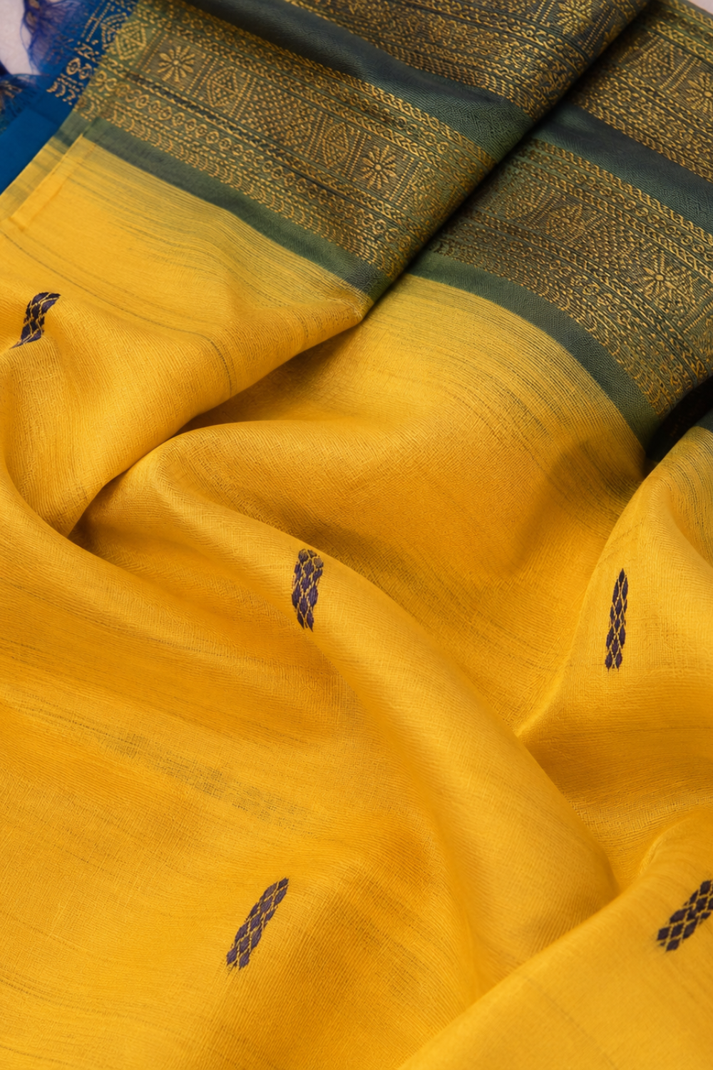 Sunflower Yellow & Royal Blue Vazhainaar Pattu Saree with Rich Contrast Zari Pallu