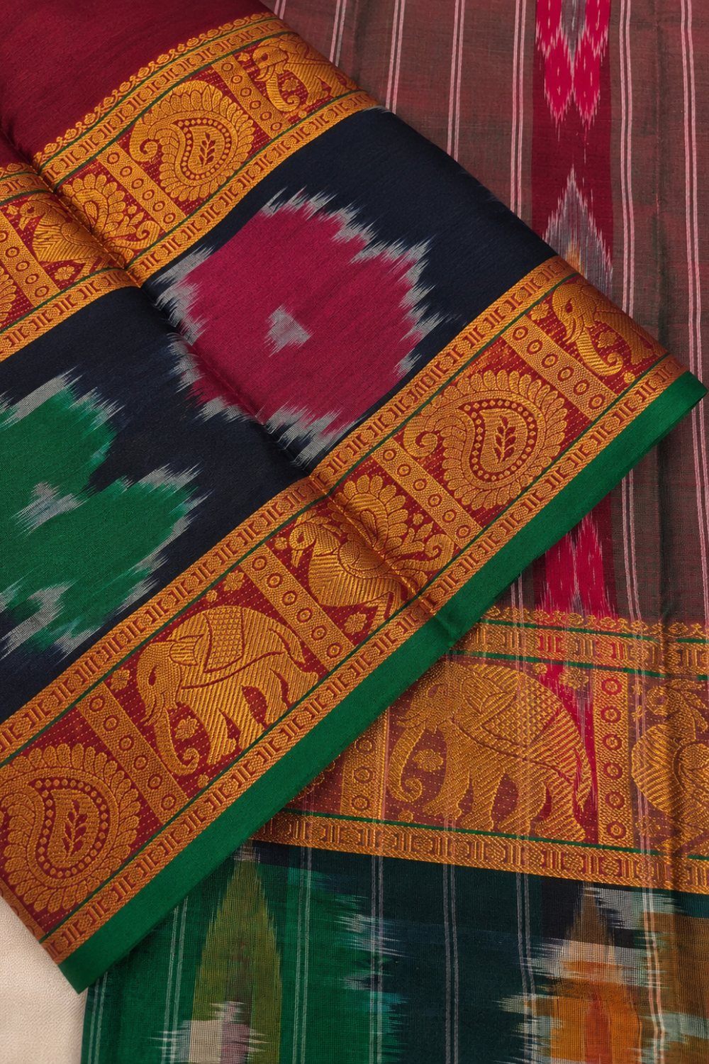 Maroon Narayanpet Cotton Saree with Pochampally-Inspired Ikat & Elephant Motif Border