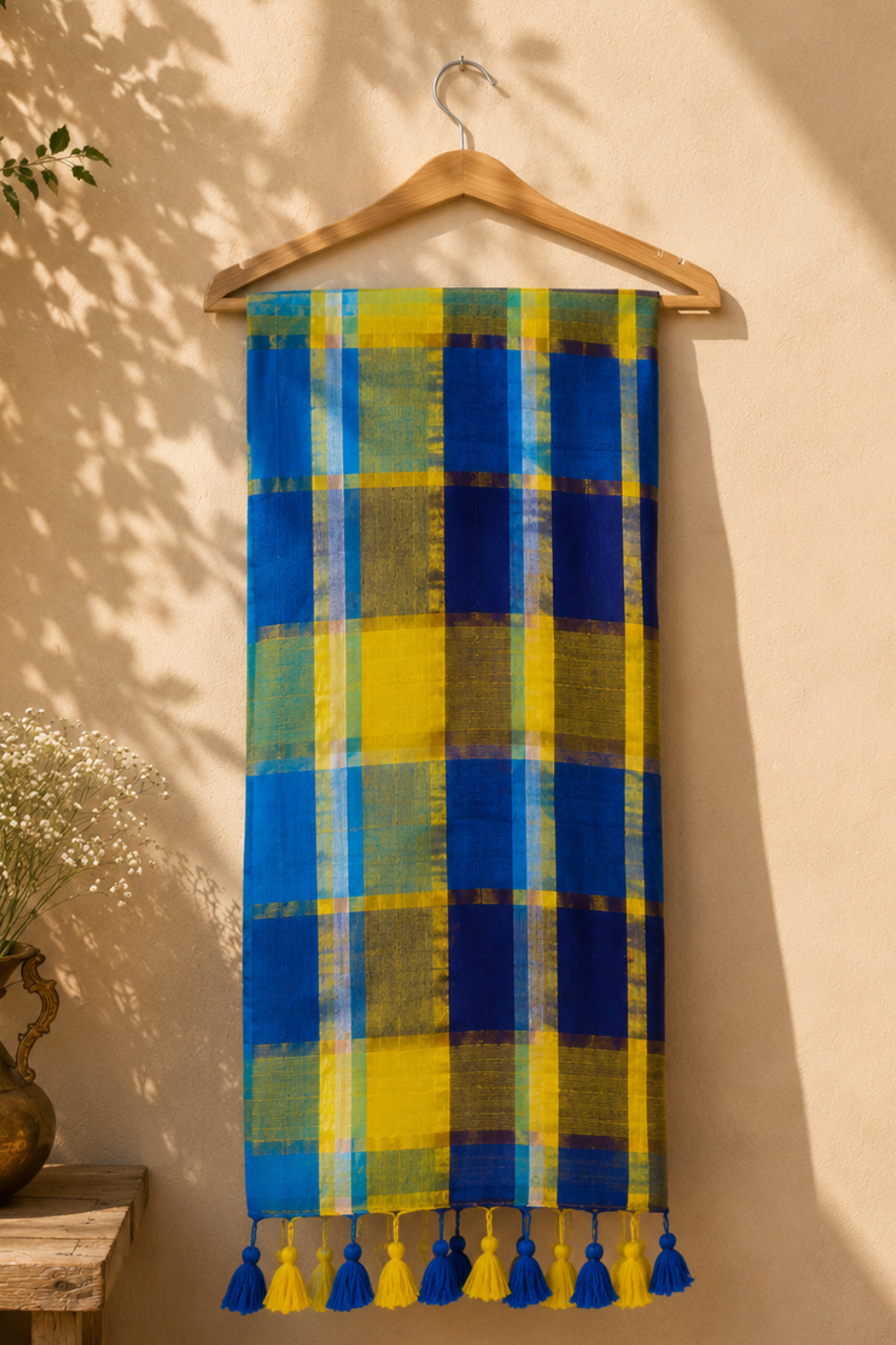 Blue & Green Multicolour Checked Mul Mul Cotton Saree