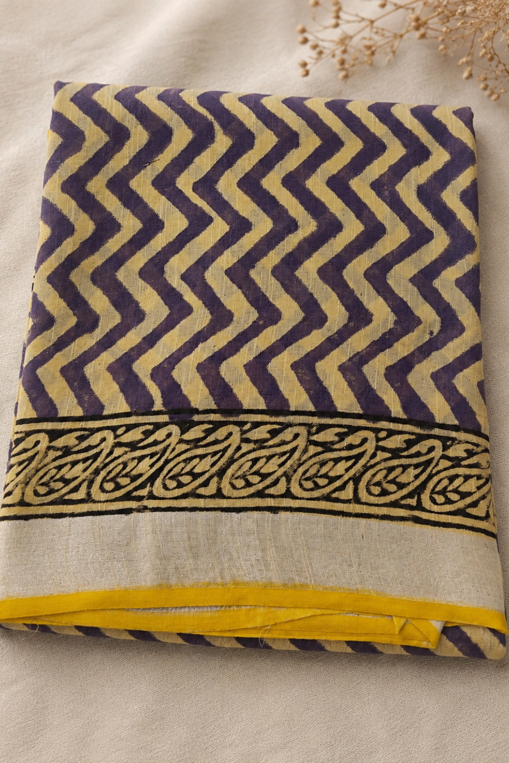 Ivory & Lavender Chevron Print Linen Saree with Mustard Accents