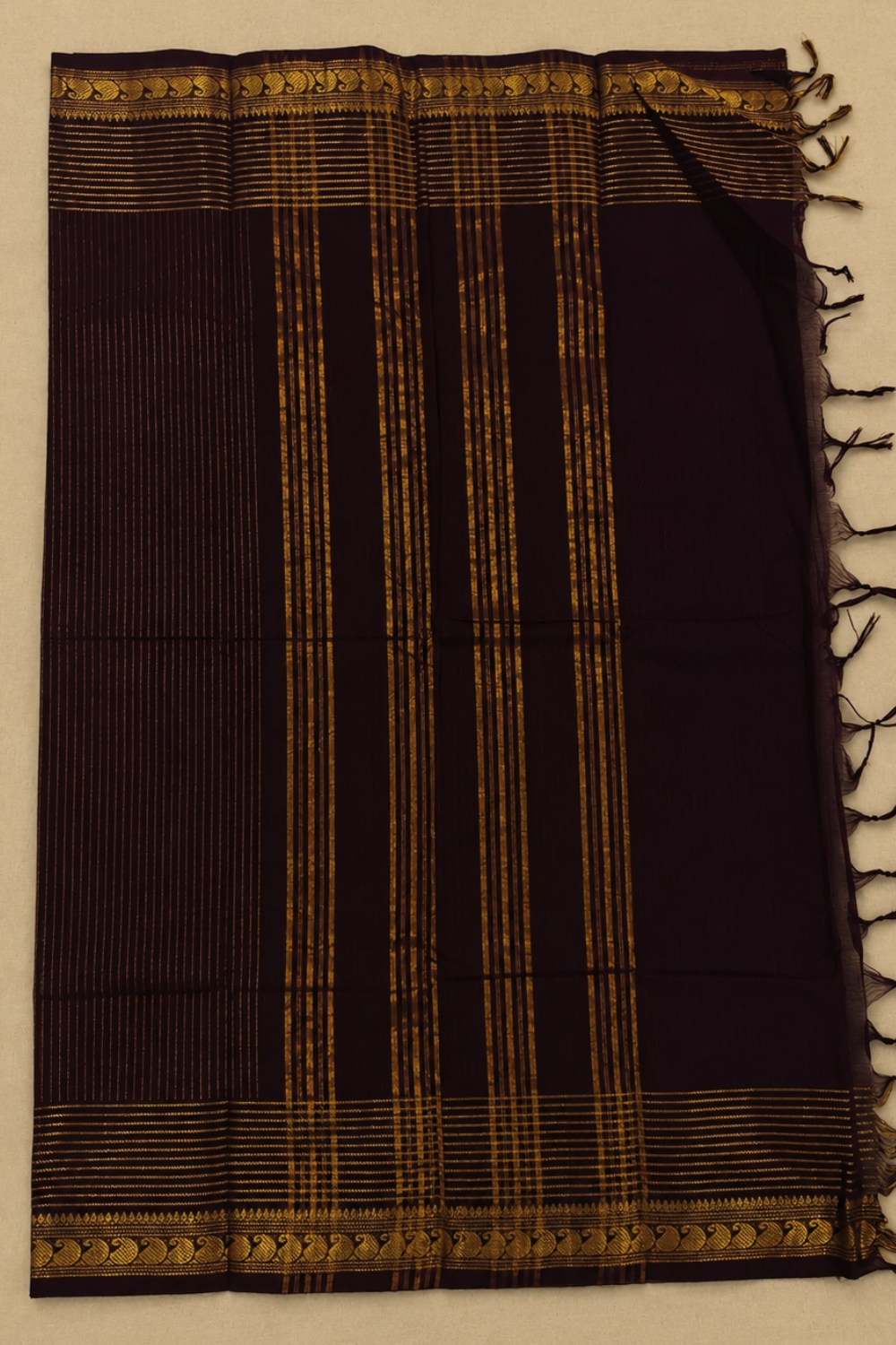 Coffee Brown Chettinad Cotton Saree with Golden Stripes & Peacock Border