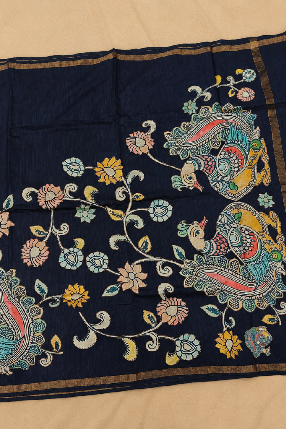 Navy Blue Linen Saree with Multicolour Appliqué Peacock & Floral Work