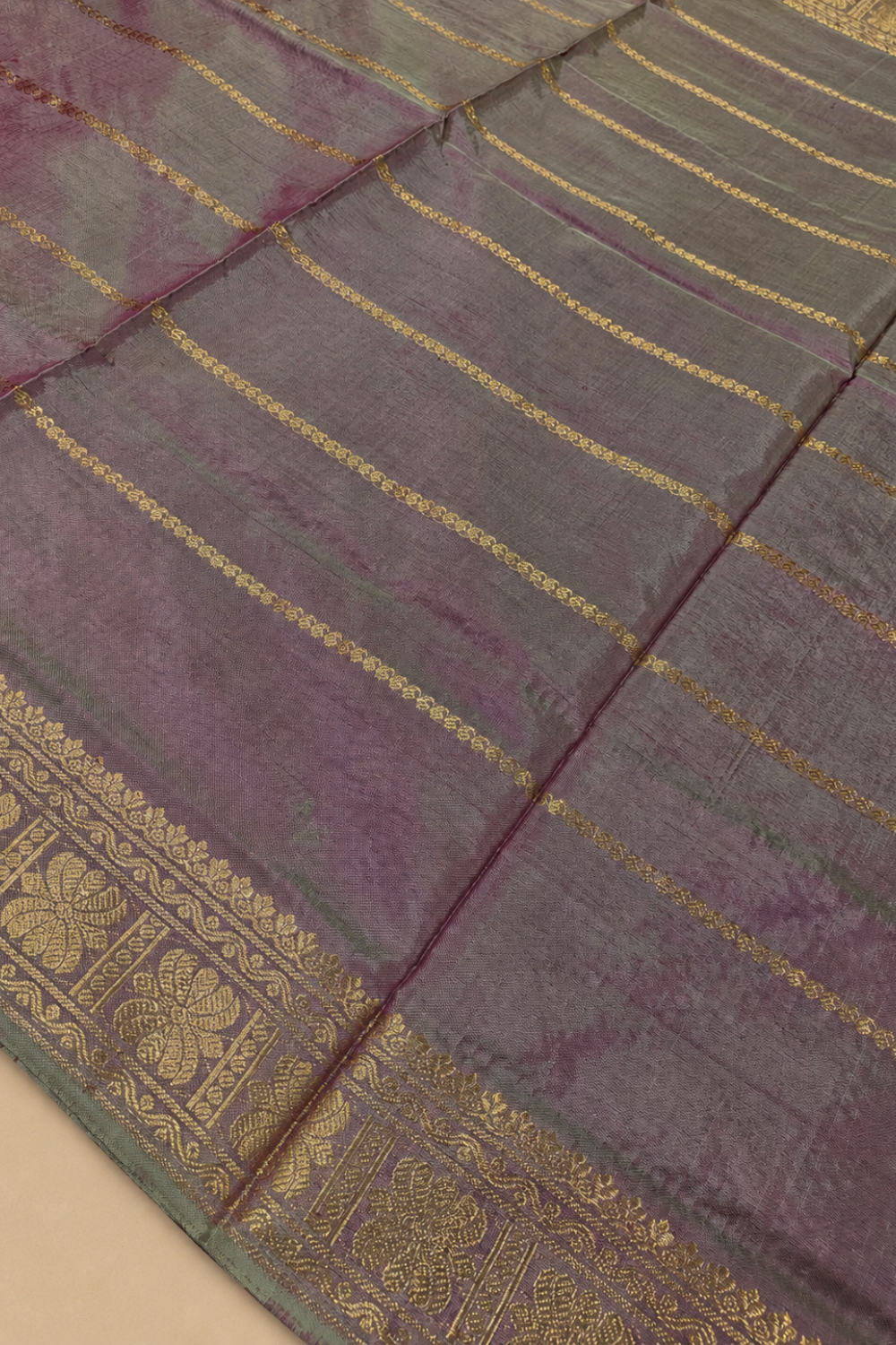 Dusty Mauve & Navy Blue Vegan Silk Saree with Gold Zari Border
