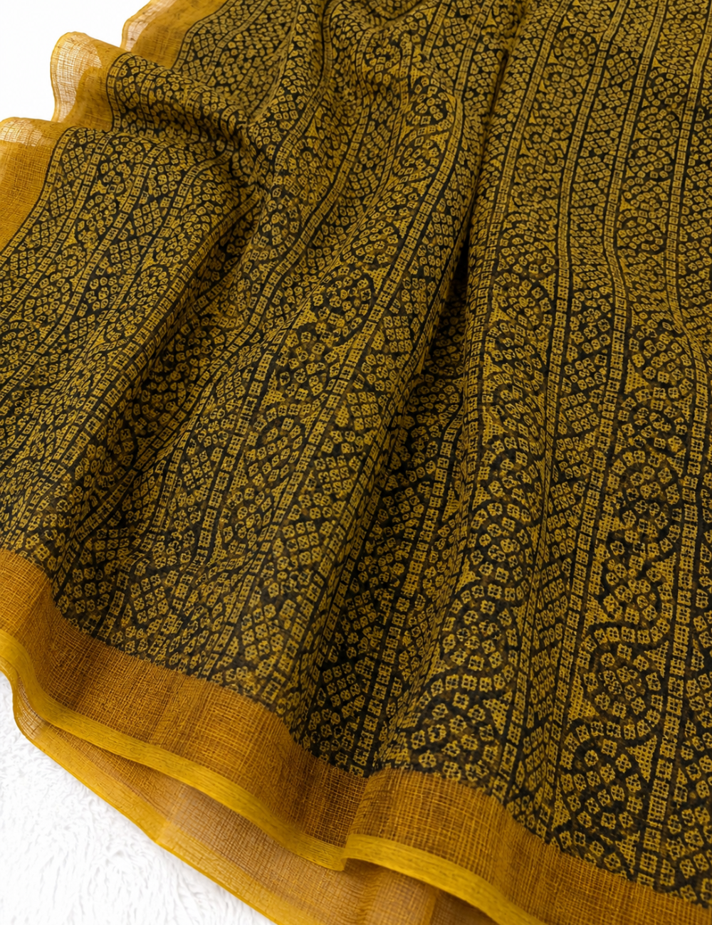 Mustard Yellow Mango Bagru Handblock Kota Doriya Saree