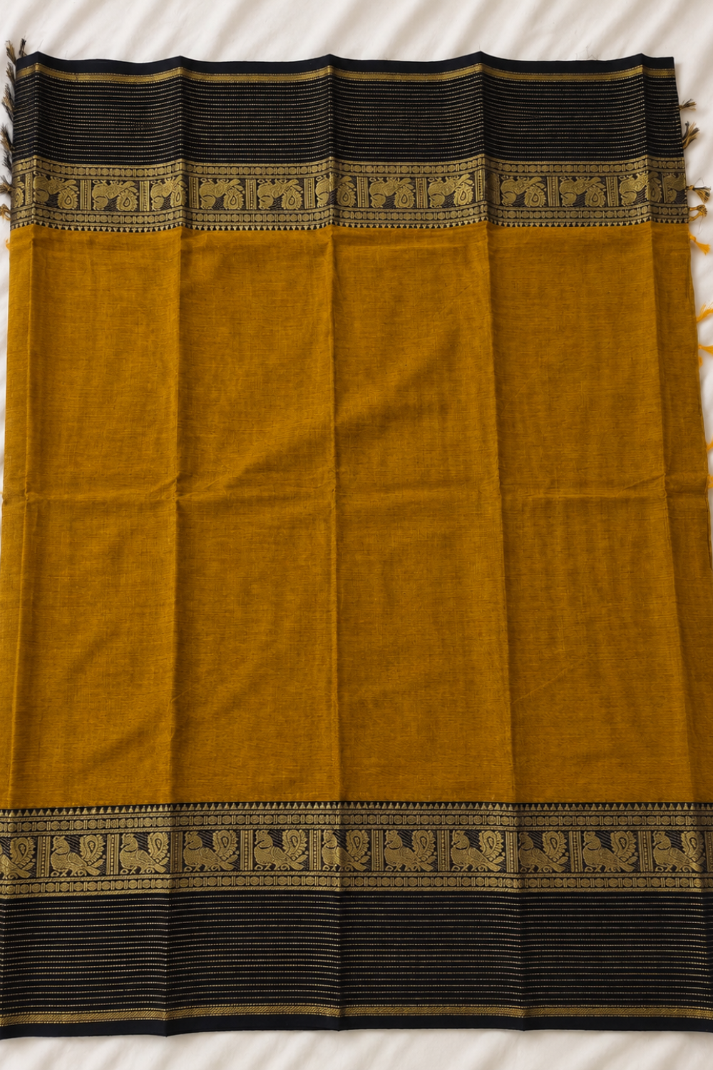 Mustard Handloom Chettinad Cotton Saree with Black Peacock Motif Border