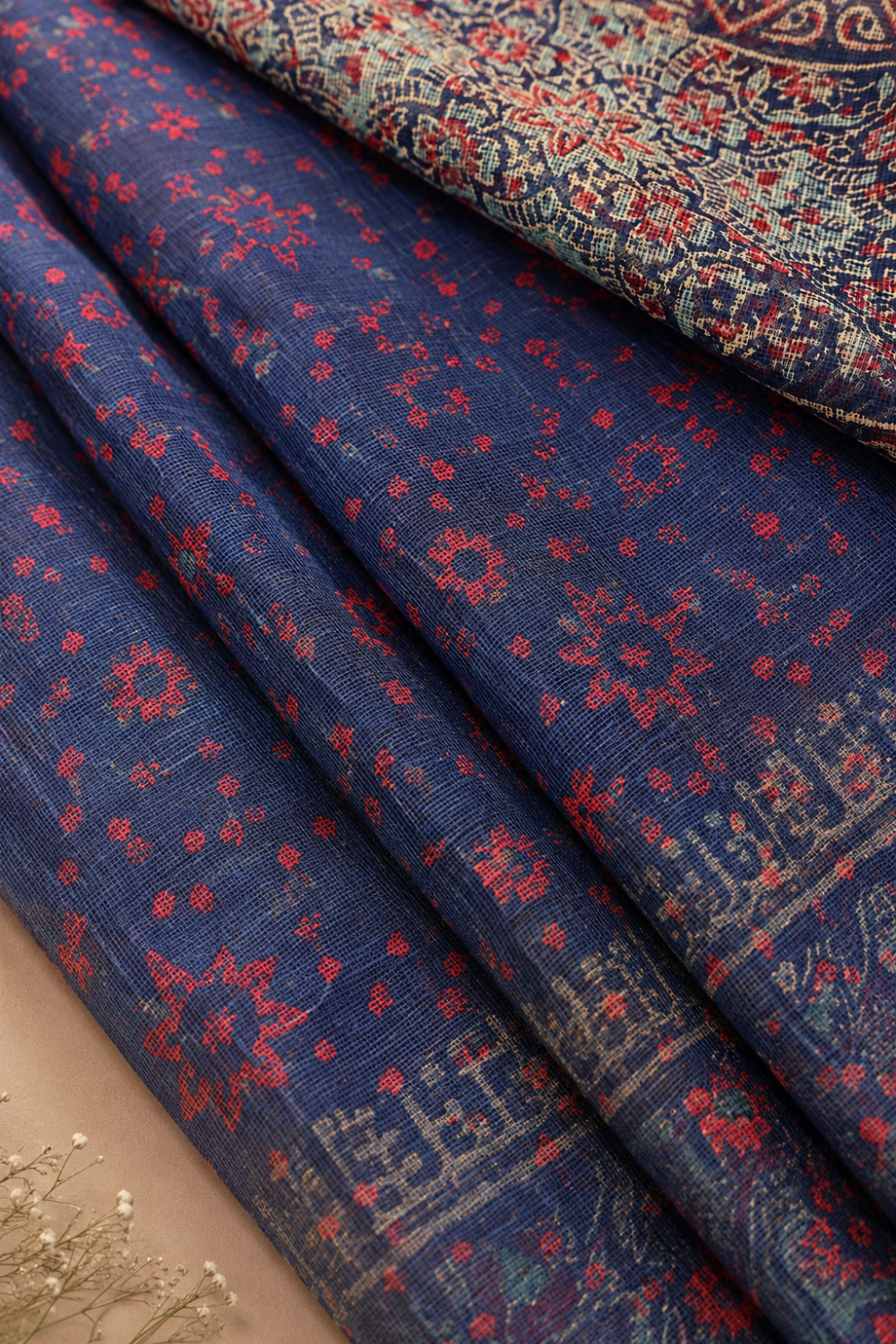 Navy Blue Hand Block Print Kota Doria Saree with Ajrakh Pallu