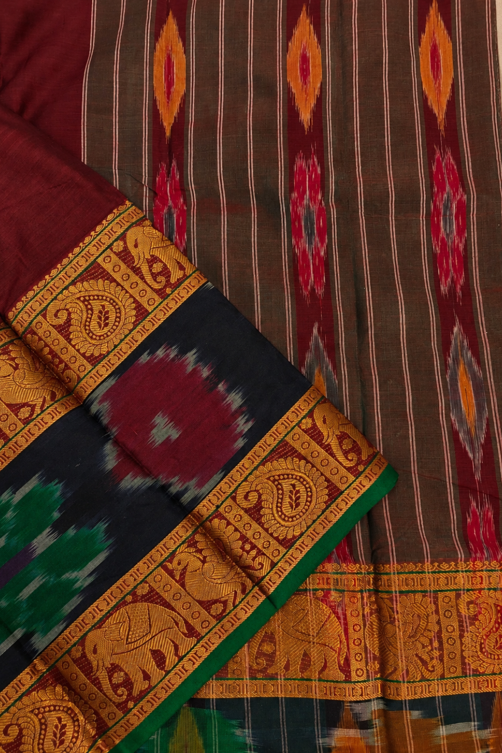 Maroon Narayanpet Cotton Saree with Pochampally-Inspired Ikat & Elephant Motif Border