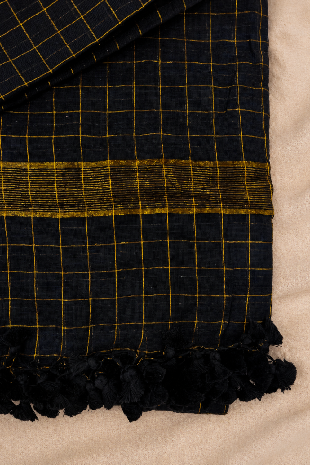 Black & Gold Checks Mul Mul Cotton Saree