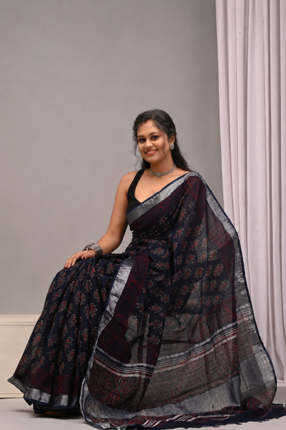 Navy Blue Linen Saree with Traditional Block Prints