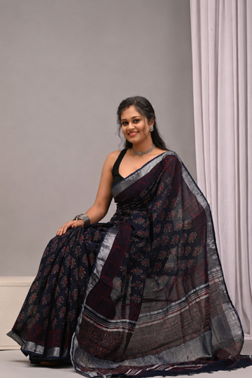Navy Blue Linen Saree with Traditional Block Prints
