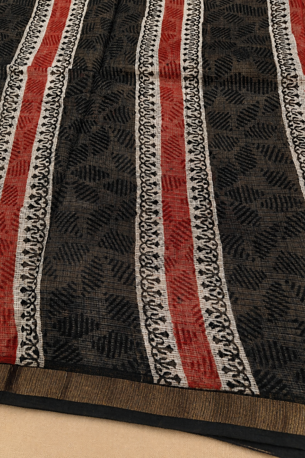 Ivory and Red Floral Hand Block Printed Kota Doria Saree