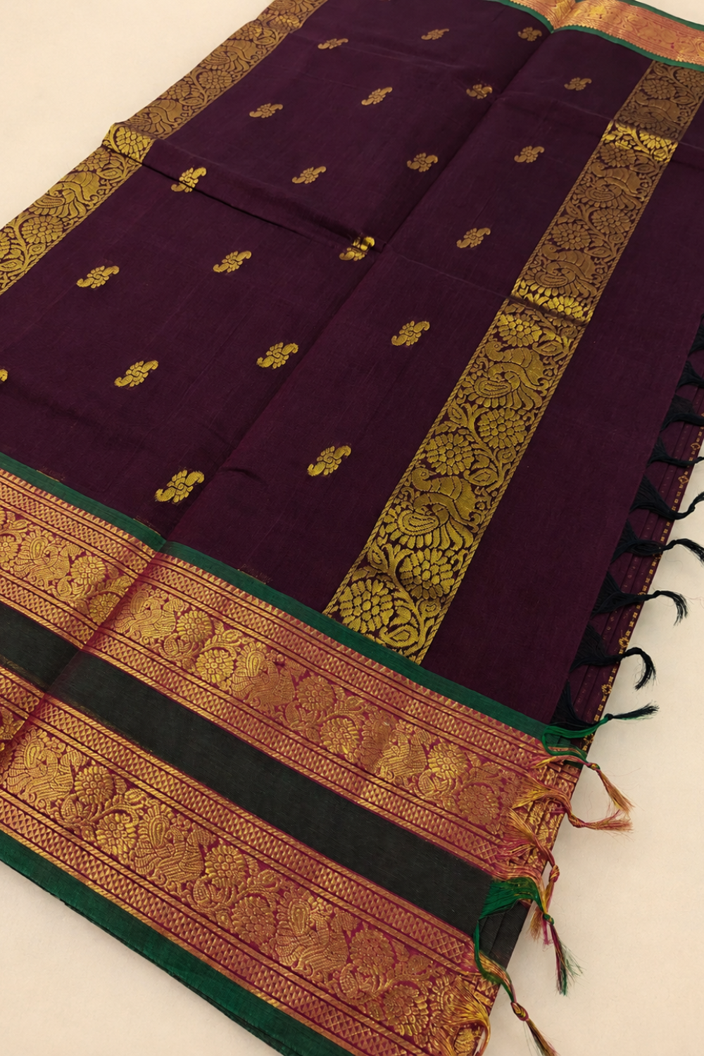 Deep Wine Chettinad Cotton Saree with Traditional Zari Border