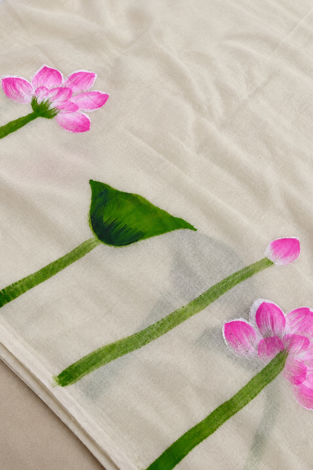 Hand-Painted Lotus Mul Mul Cotton Saree