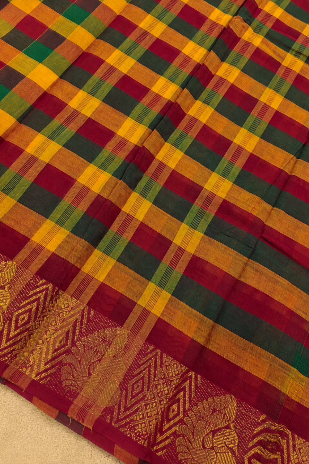 Madras Checks Cotton Saree with Traditional Gold Zari Border