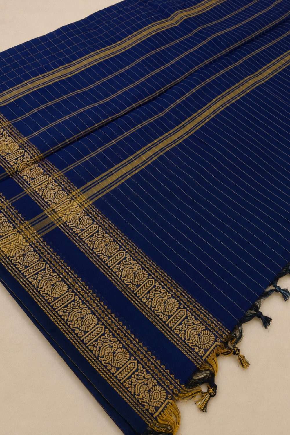 Royal Navy Blue Kanchi Cotton Saree with Gold Zari-Inspired Border & Checks