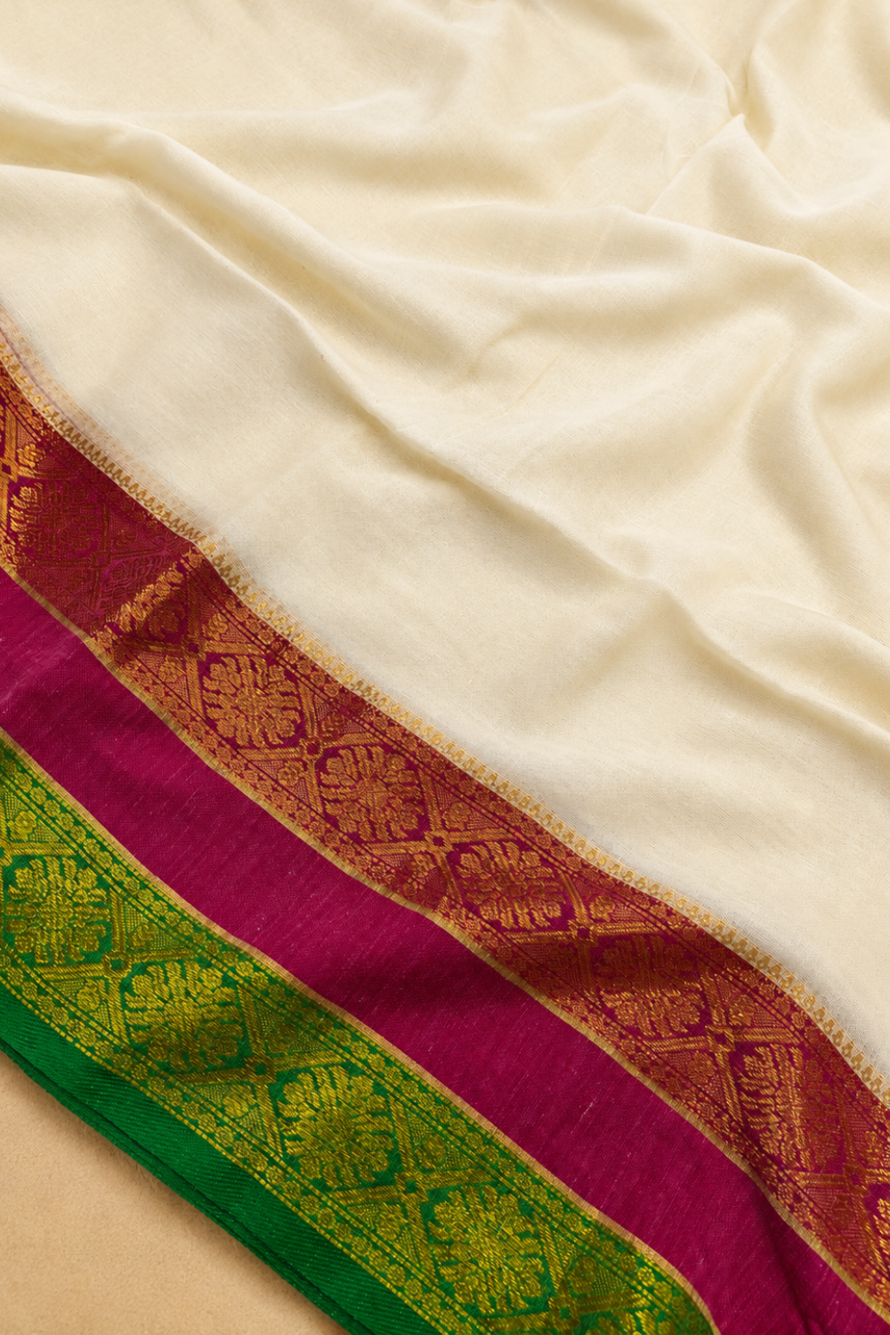 Off White Mul Mul Cotton Saree with Pink & Green Border