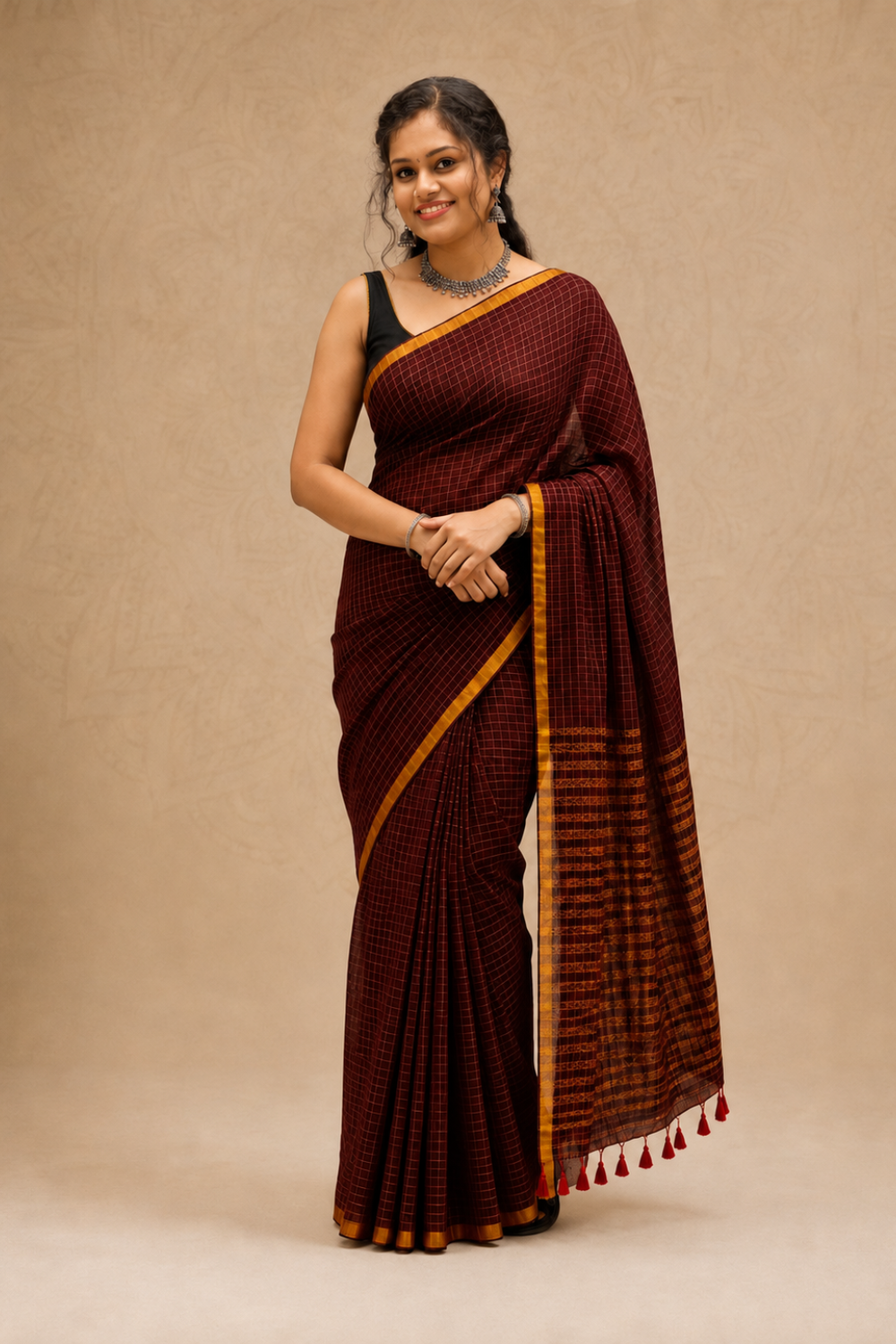 Deep Maroon Checked Mul Mul Cotton Saree with Zari Border & Tassel Pallu